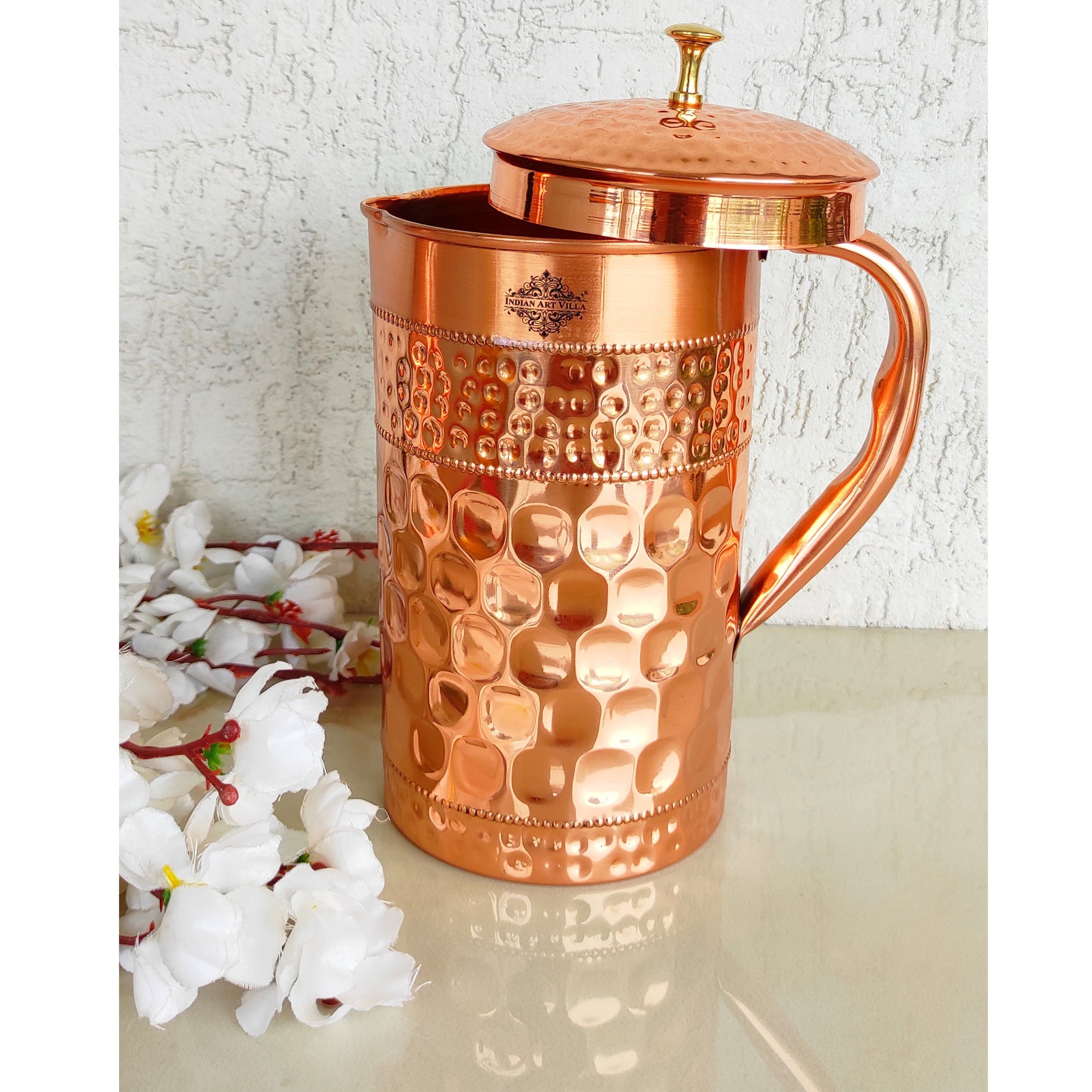Pure copper jug with diamond hammered beeding & plain design diamond, 1500 ML